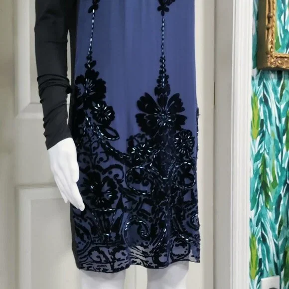 NWT Hale Bob Beaded Elisa Velvet Dress Burnout Long Sleeve Shift Blue Women's XS - Picture 5 of 14